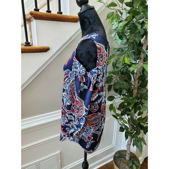 New Directions Women's Blue Cotton Cold Shoulder Sleeve Round Neck Blouse Size M - Picture 6 of 10